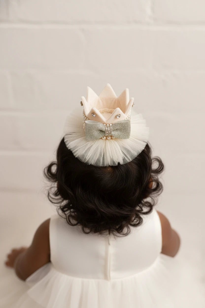 Baby Girl Birthday Crown Hair Clip - Beige Gold Rhinestone Pearl | Choko - Choko
