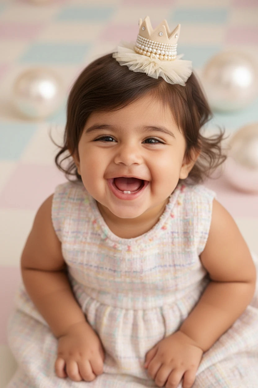 Baby Girl Birthday Regal Crown Hair Clip - Beige Cream Bow | Choko - Choko