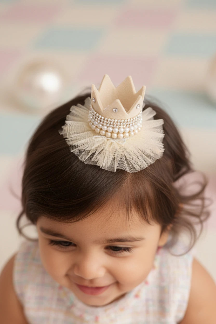Baby Girl Birthday Regal Crown Hair Clip - Beige Cream Bow | Choko - Choko