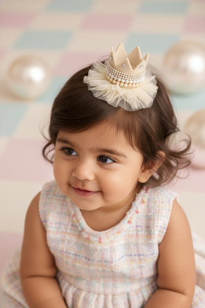 Baby Girl Birthday Regal Crown Hair Clip - Beige Cream Bow | Choko - Choko