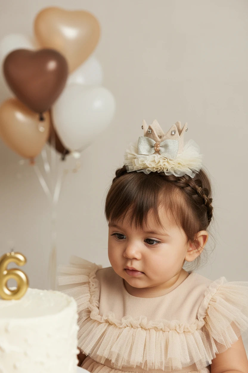 Baby Girl Birthday Regal Crown Hair Clip - Beige Cream Bow | Choko - Choko