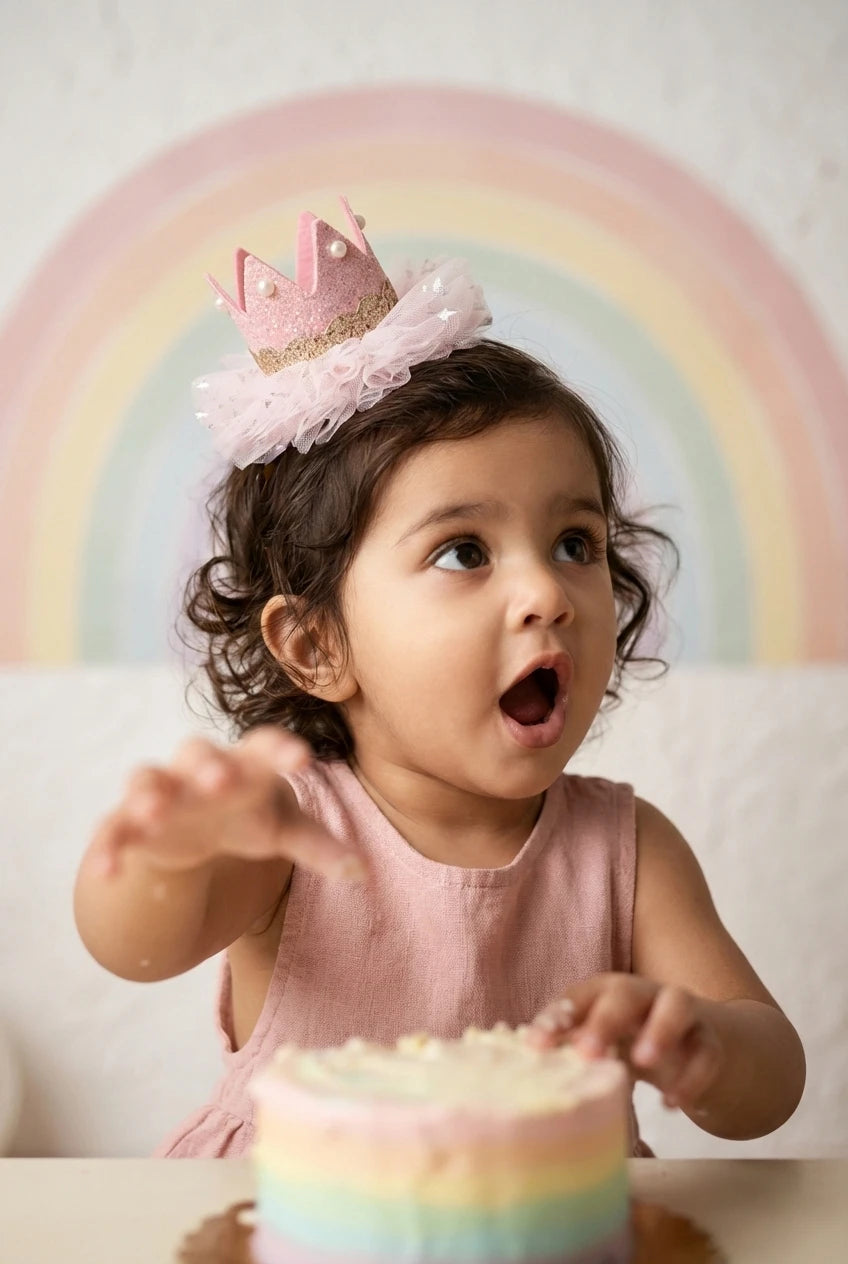 Baby Girl Birthday Glitter Crown Hair Clip - Pink Gold Bow | Choko - Choko