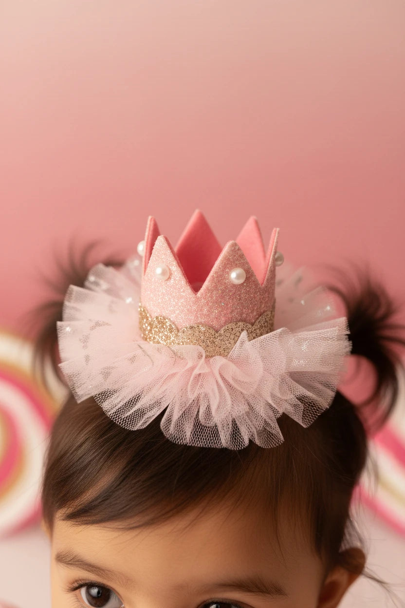 Baby Girl Birthday Glitter Crown Hair Clip - Pink Gold Bow | Choko - Choko