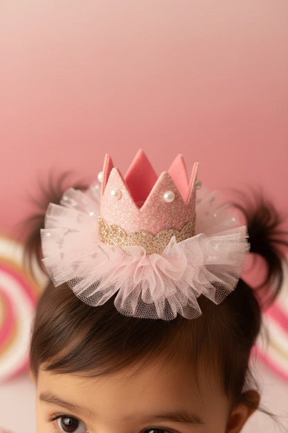 Baby Girl Birthday Glitter Crown Hair Clip - Pink Gold Bow | Choko - Choko
