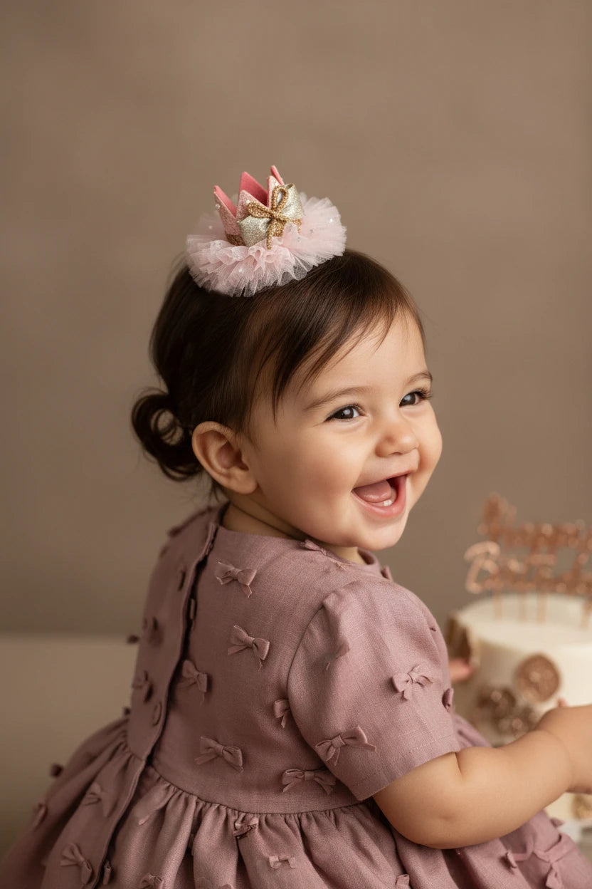 Baby Girl Birthday Glitter Crown Hair Clip - Pink Gold Bow | Choko - Choko