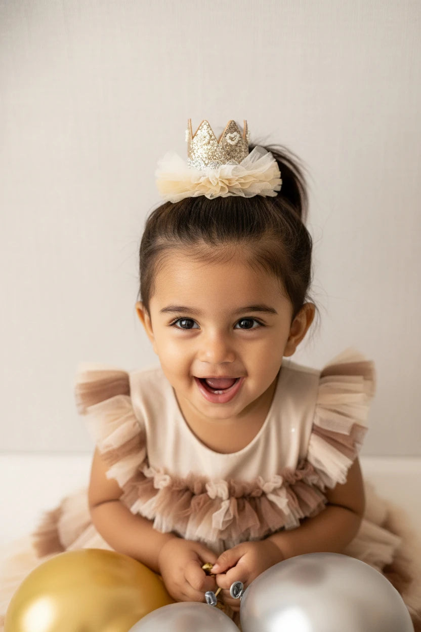Baby Girl Birthday Crown Hair Clip - Gold Beige Pearl Bow | Choko - Choko
