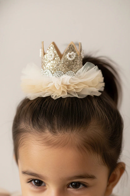 Baby Girl Birthday Crown Hair Clip - Gold Beige Pearl Bow | Choko - Choko