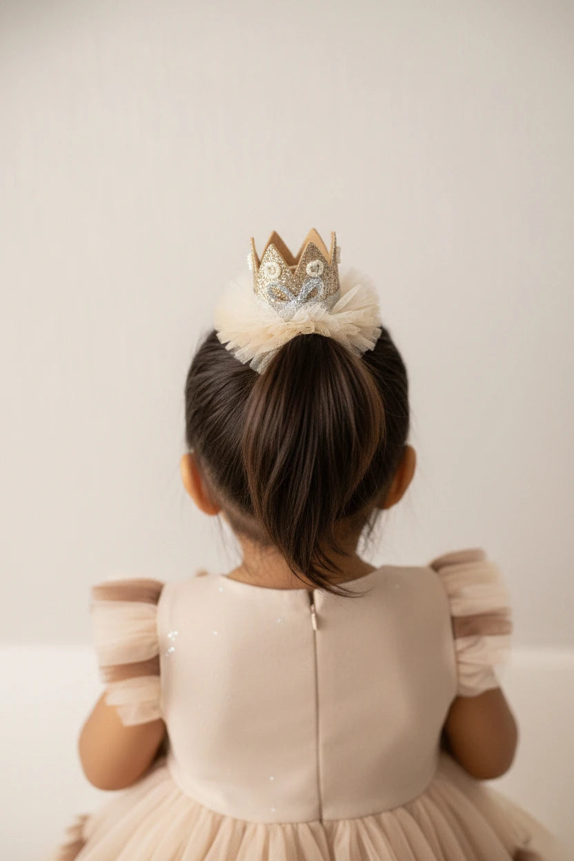 Baby Girl Birthday Crown Hair Clip - Gold Beige Pearl Bow | Choko - Choko