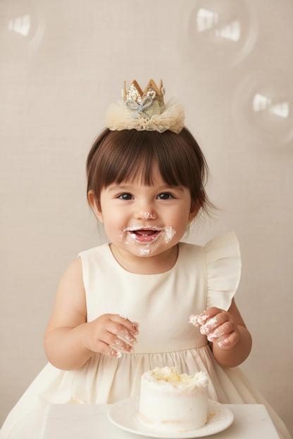 Baby Girl Birthday Crown Hair Clip - Gold Beige Pearl Bow | Choko - Choko