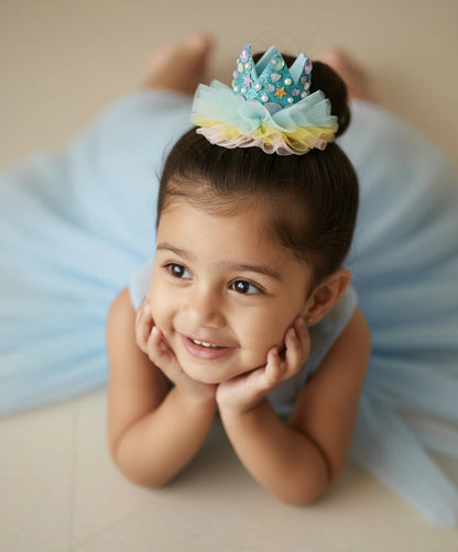 Baby Girl Birthday Rainbow Crown Hair Clip - Blue Mix Pearl Bow | Choko - Choko