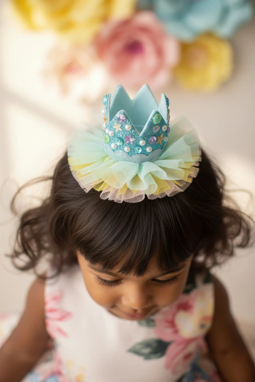 Baby Girl Birthday Rainbow Crown Hair Clip - Blue Mix Pearl Bow | Choko - Choko