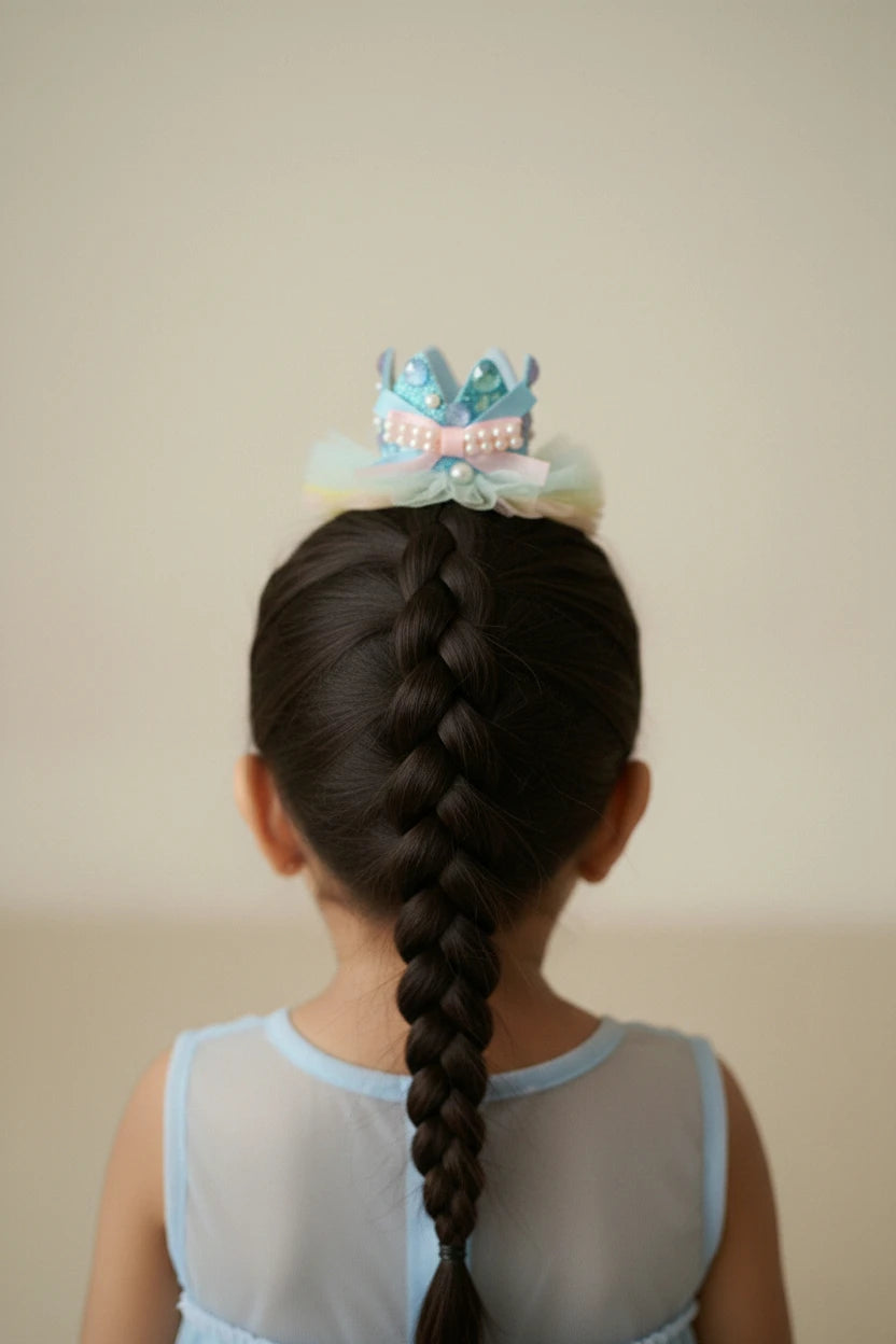 Baby Girl Birthday Rainbow Crown Hair Clip - Blue Mix Pearl Bow | Choko - Choko