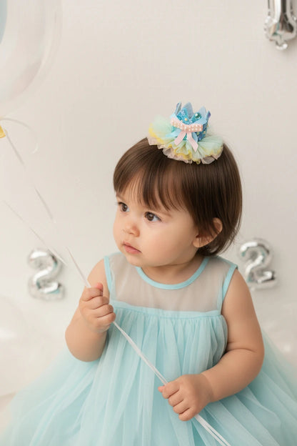 Baby Girl Birthday Rainbow Crown Hair Clip - Blue Mix Pearl Bow | Choko - Choko