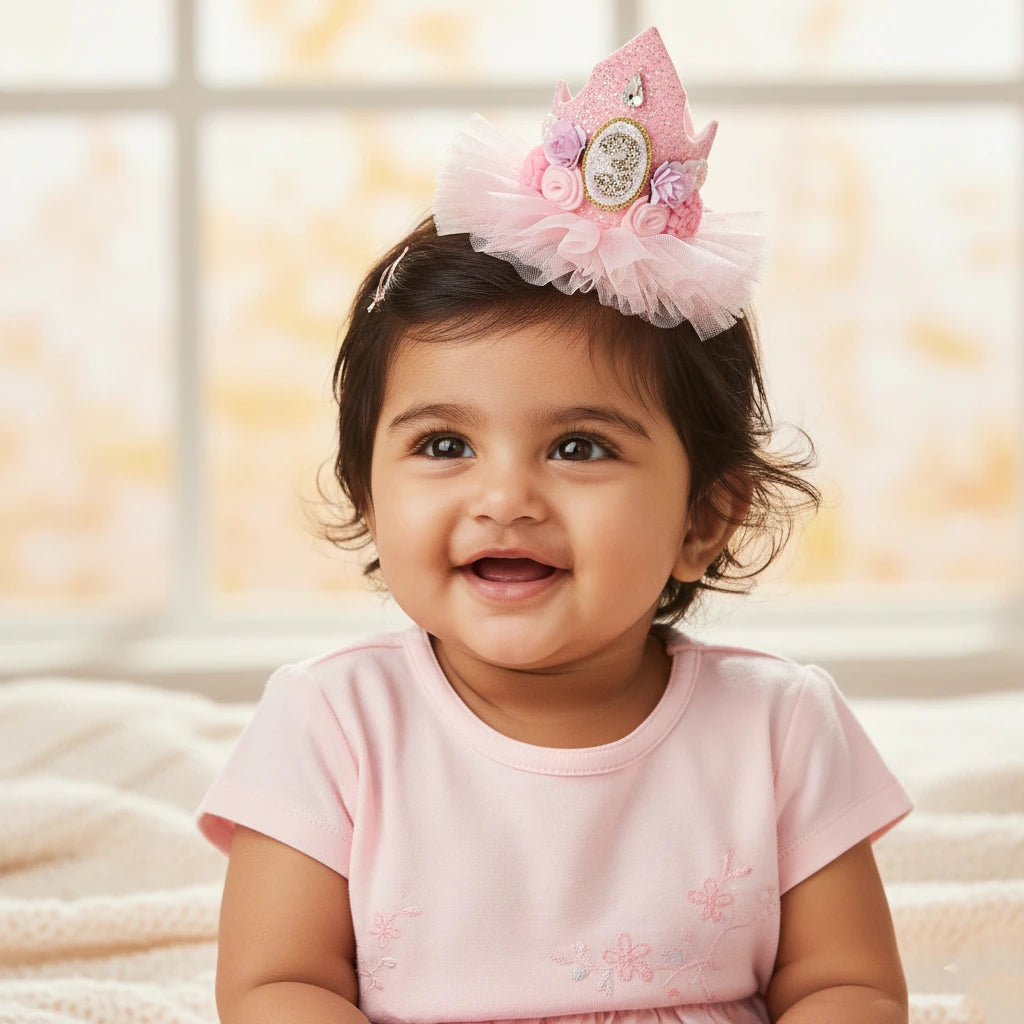 Girls 3rd Birthday Crown Hair Clip - Pink Roses & Tulle | Choko - Choko