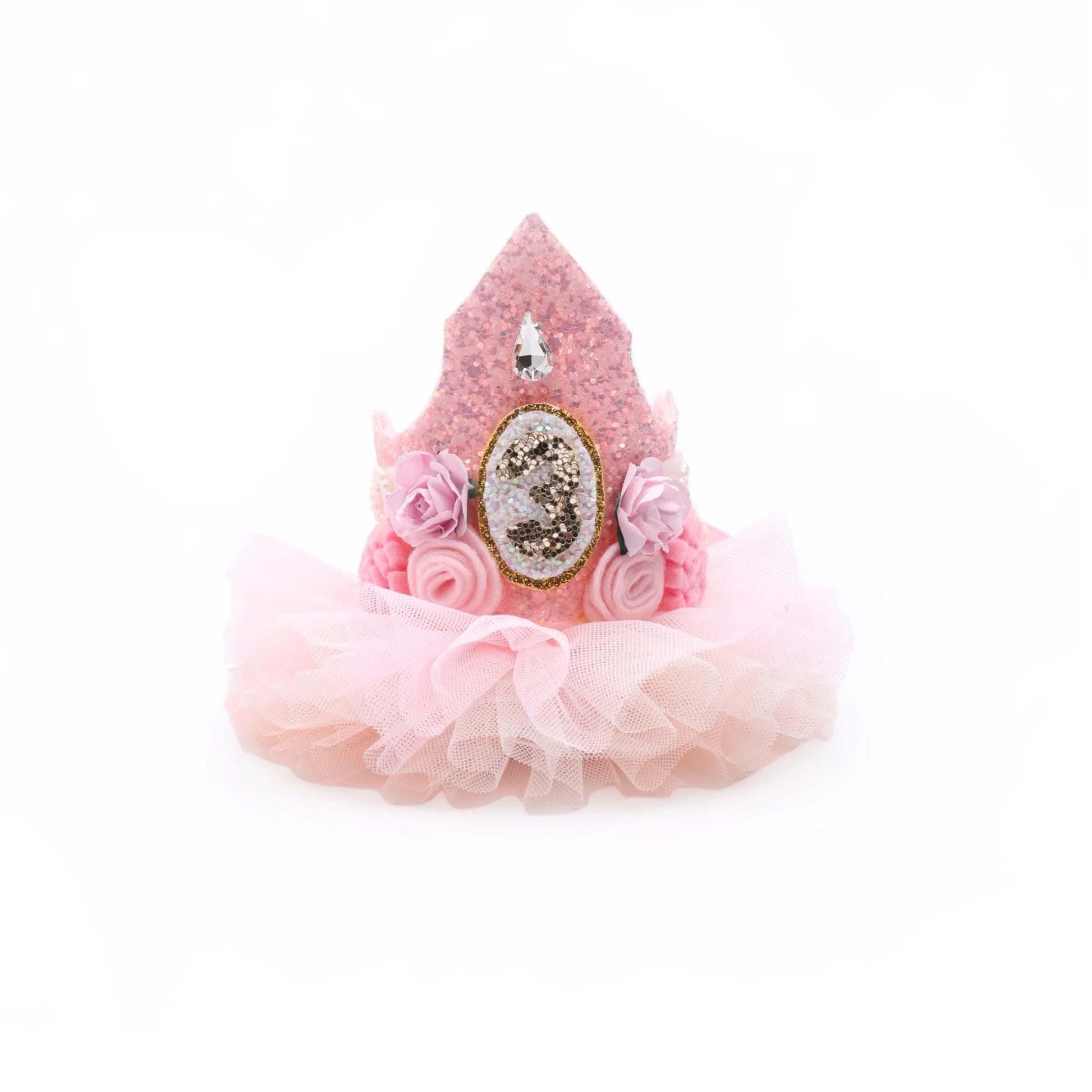 Girls 3rd Birthday Crown Hair Clip - Pink Roses & Tulle | Choko - Choko