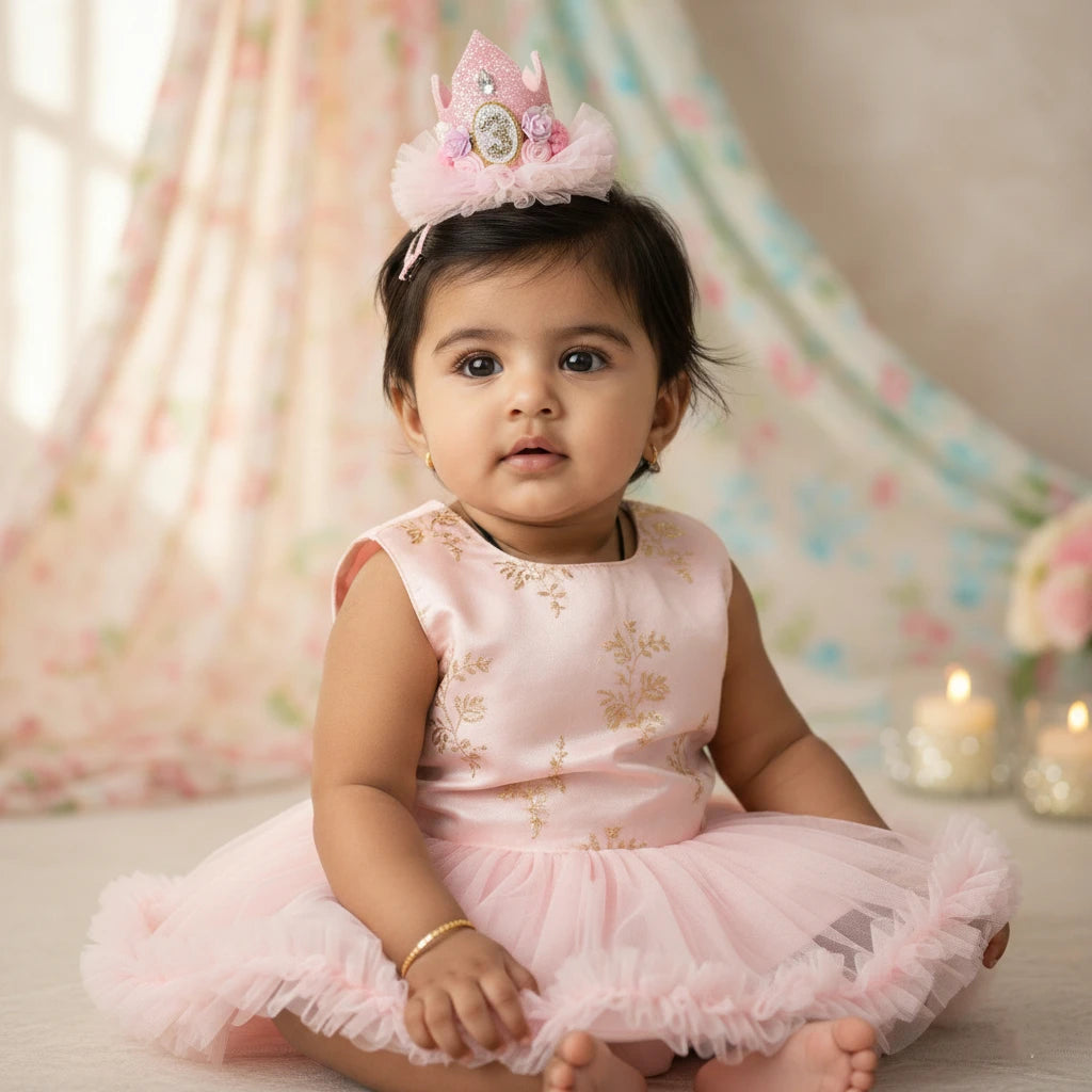 Girls 3rd Birthday Crown Hair Clip - Pink Roses & Tulle | Choko - Choko