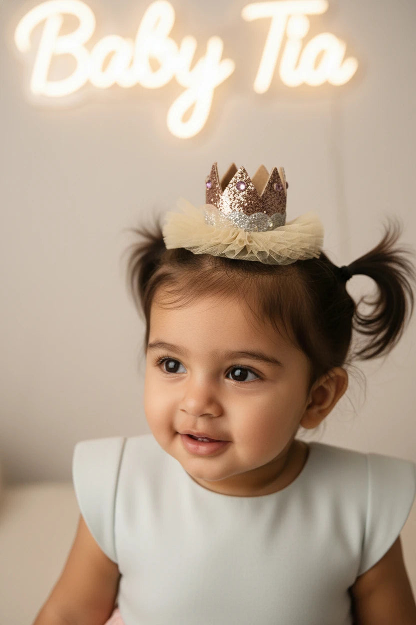 Baby Girl Birthday Glitter Crown Hair Clip - Beige Silver Bow | Choko - Choko