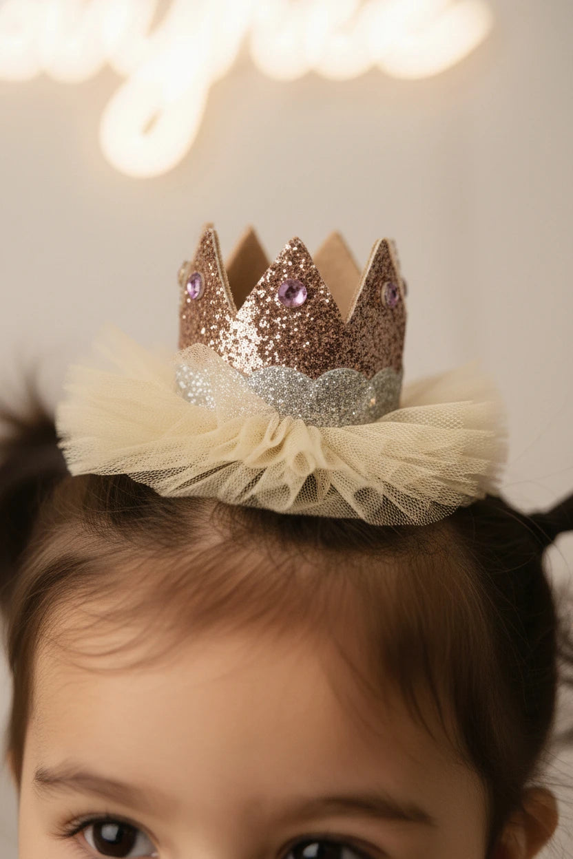 Baby Girl Birthday Glitter Crown Hair Clip - Beige Silver Bow | Choko - Choko