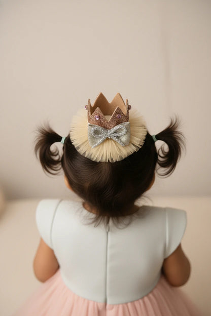 Baby Girl Birthday Glitter Crown Hair Clip - Beige Silver Bow | Choko - Choko
