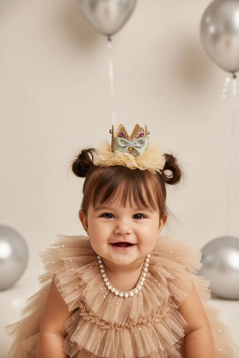 Baby Girl Birthday Glitter Crown Hair Clip - Beige Silver Bow | Choko - Choko