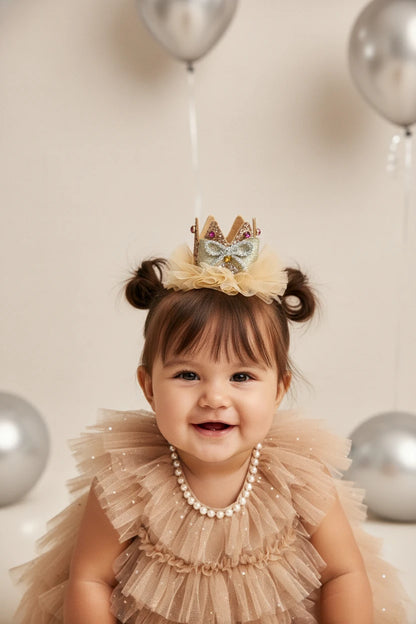 Baby Girl Birthday Glitter Crown Hair Clip - Beige Silver Bow | Choko - Choko