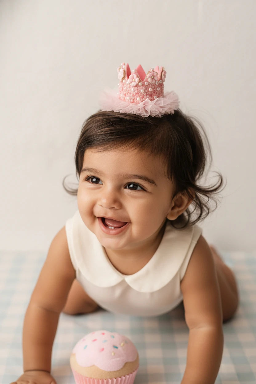 Baby Girl Birthday Pink Crown Hair Clip - Ribbon Bow Floral Tulle | Choko - Choko