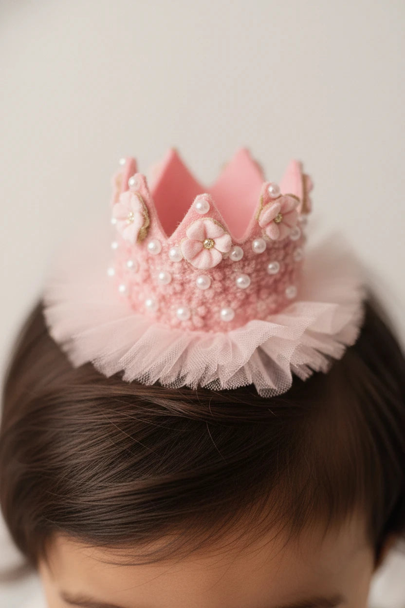 Baby Girl Birthday Pink Crown Hair Clip - Ribbon Bow Floral Tulle | Choko - Choko