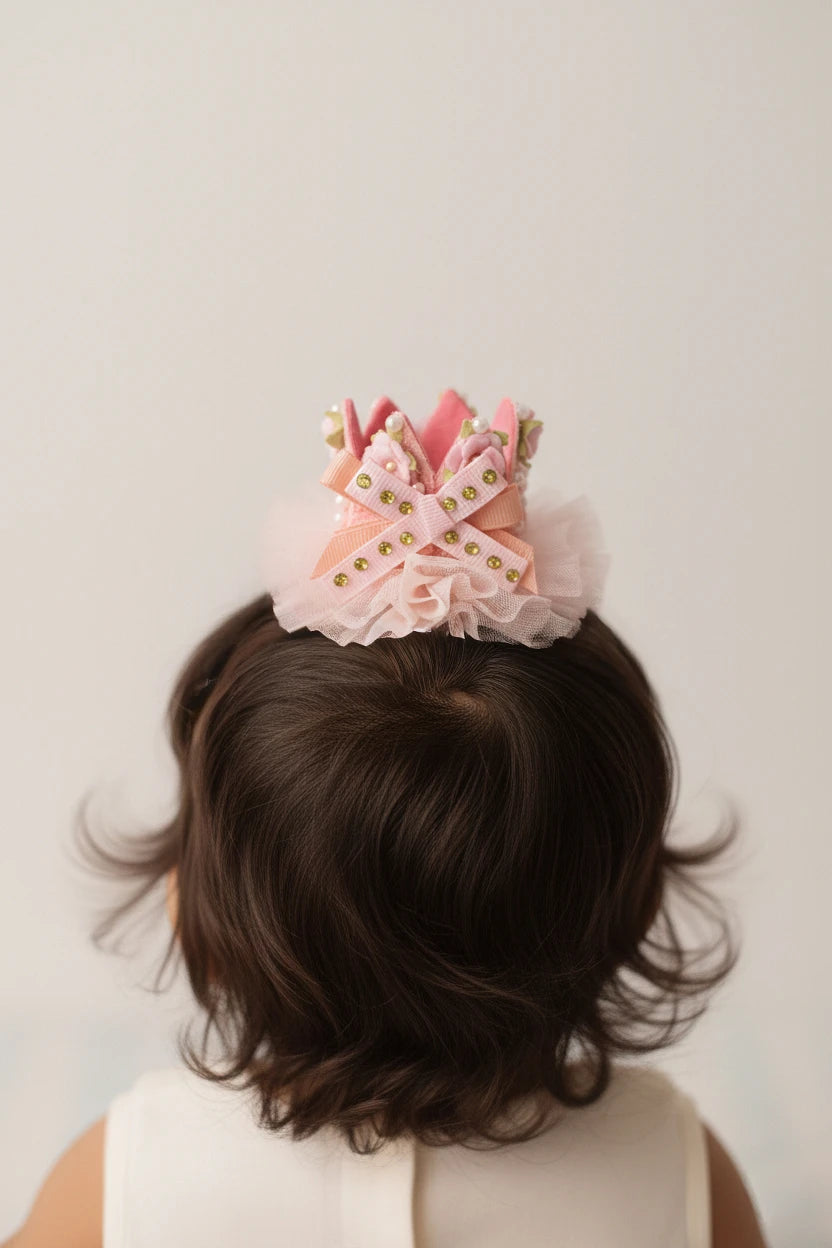 Baby Girl Birthday Pink Crown Hair Clip - Ribbon Bow Floral Tulle | Choko - Choko