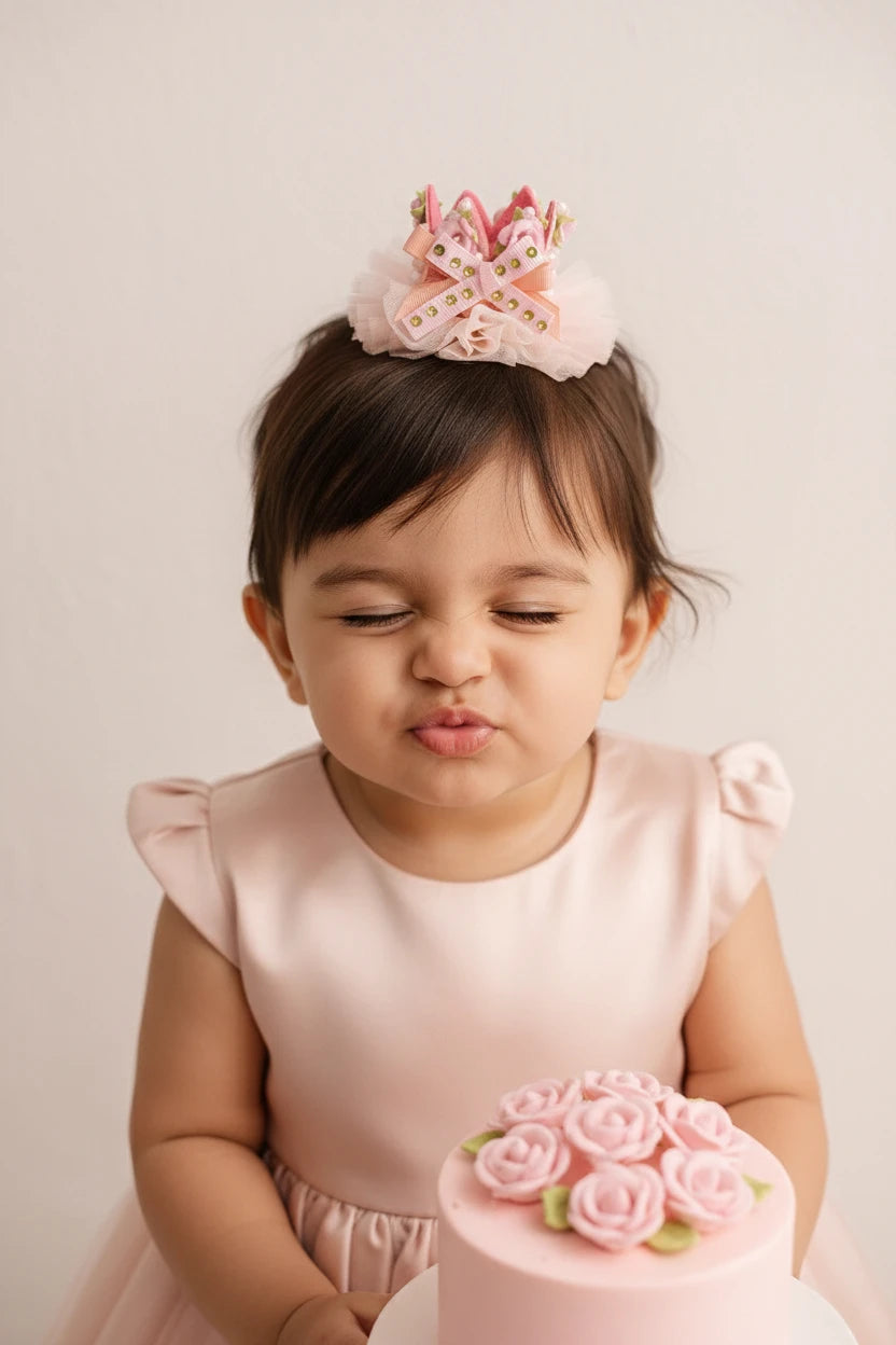 Baby Girl Birthday Pink Crown Hair Clip - Ribbon Bow Floral Tulle | Choko - Choko