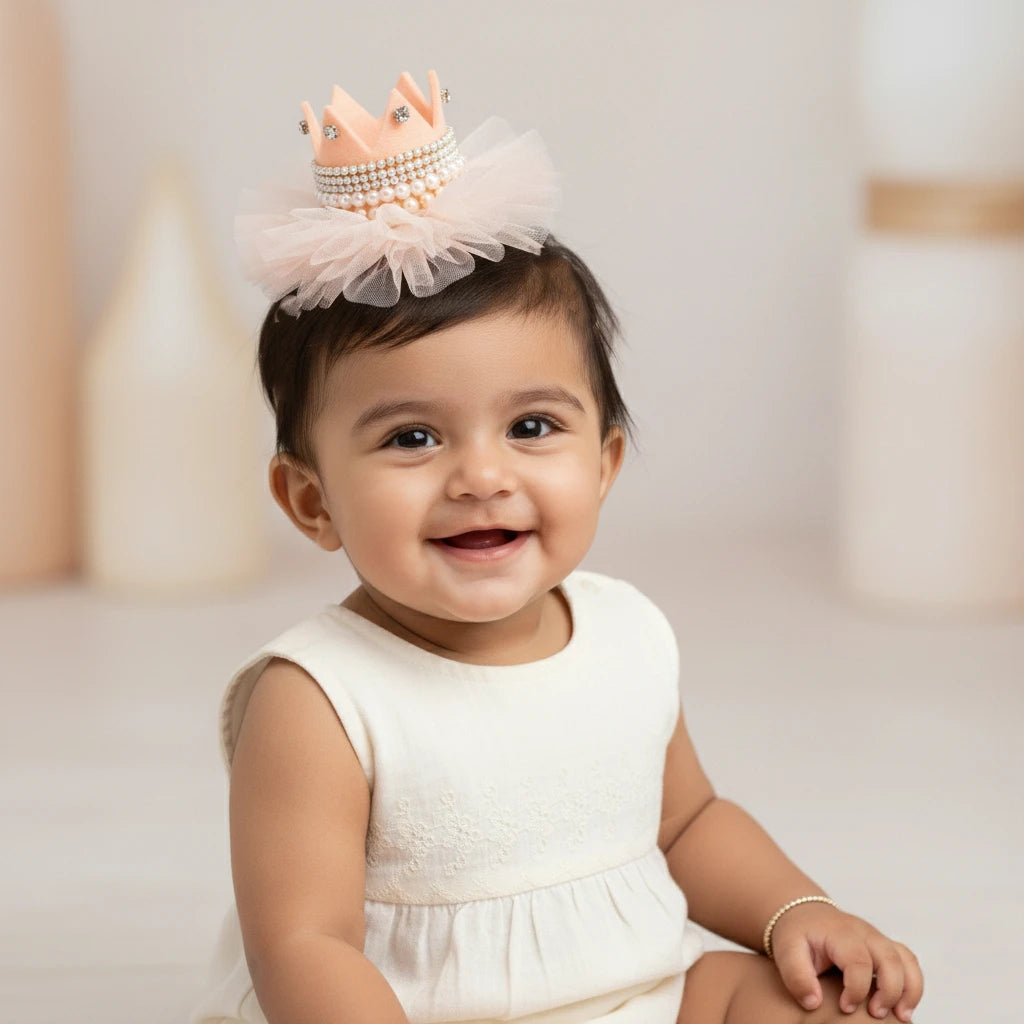 Baby Girl Birthday Crown Hair Clip - Beige Gold Pearl Tulle | Choko - Choko