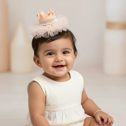 Baby Girl Birthday Crown Hair Clip - Beige Gold Pearl Tulle | Choko - Choko