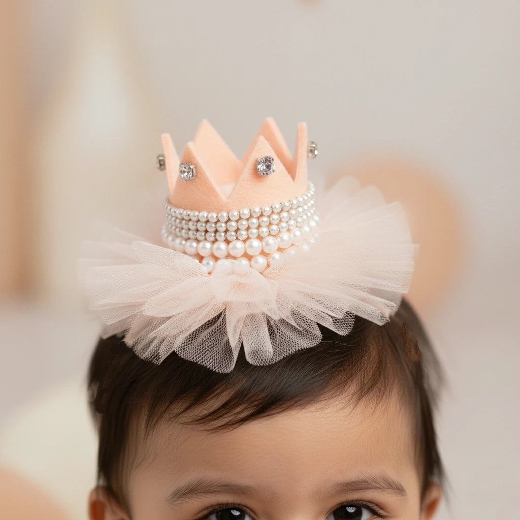 Baby Girl Birthday Crown Hair Clip - Beige Gold Pearl Tulle | Choko - Choko