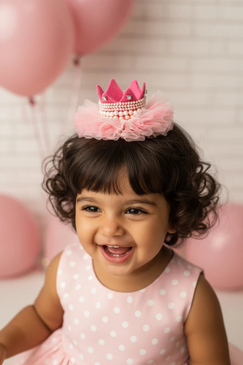 Baby Girl Birthday Hot Pink Crown Hair Clip - Gold Bow Pearl Tulle | Choko - Choko
