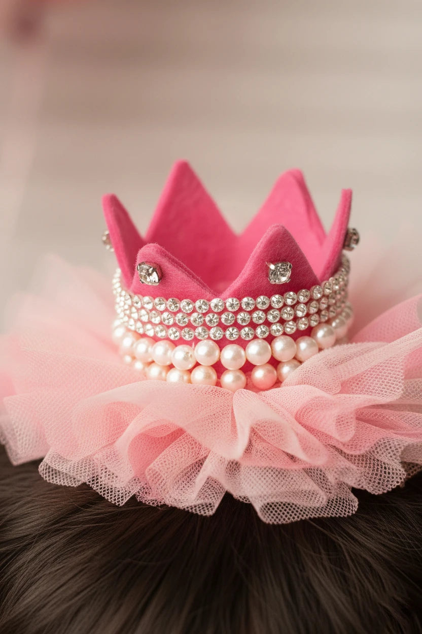 Baby Girl Birthday Hot Pink Crown Hair Clip - Gold Bow Pearl Tulle | Choko - Choko