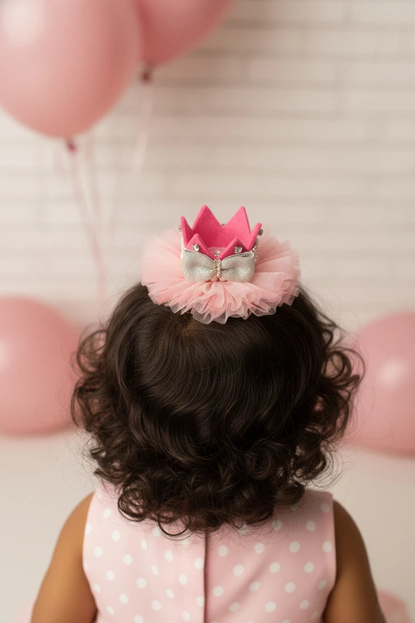 Baby Girl Birthday Hot Pink Crown Hair Clip - Gold Bow Pearl Tulle | Choko - Choko