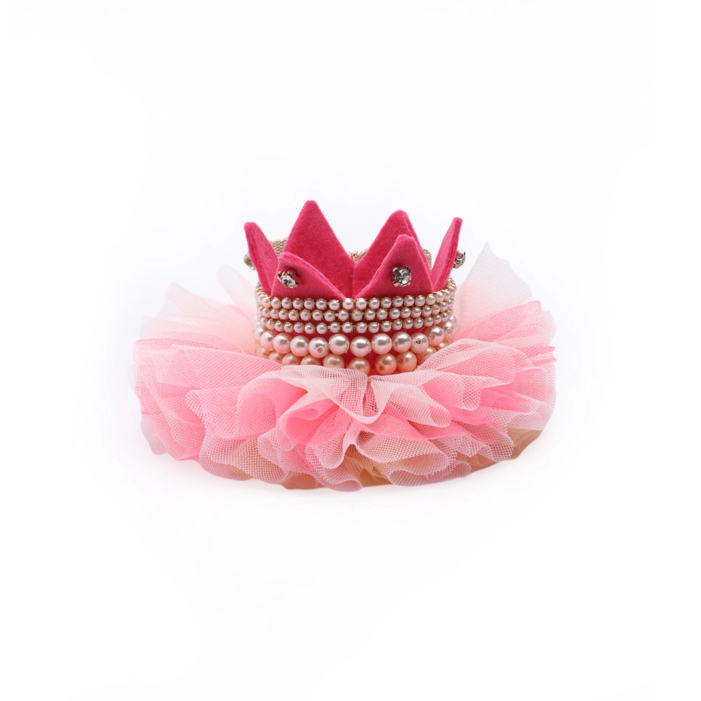 Baby Girl Birthday Hot Pink Crown Hair Clip - Gold Bow Pearl Tulle | Choko - Choko