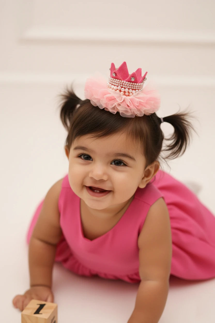 Baby Girl Birthday Hot Pink Crown Hair Clip - Gold Bow Pearl Tulle | Choko - Choko