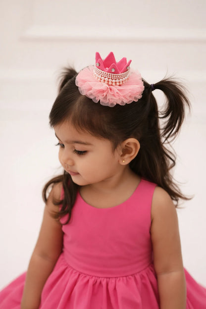 Baby Girl Birthday Hot Pink Crown Hair Clip - Gold Bow Pearl Tulle | Choko - Choko