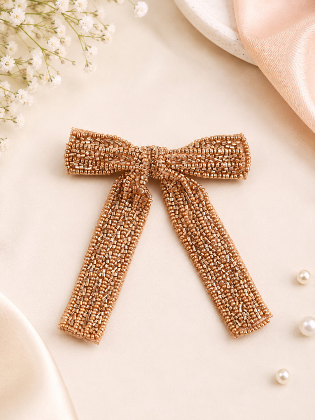 Choko Beaded Long Bow Hair Clip for Women - 1 Pc Gold Statement Barrette for Parties & Evenings