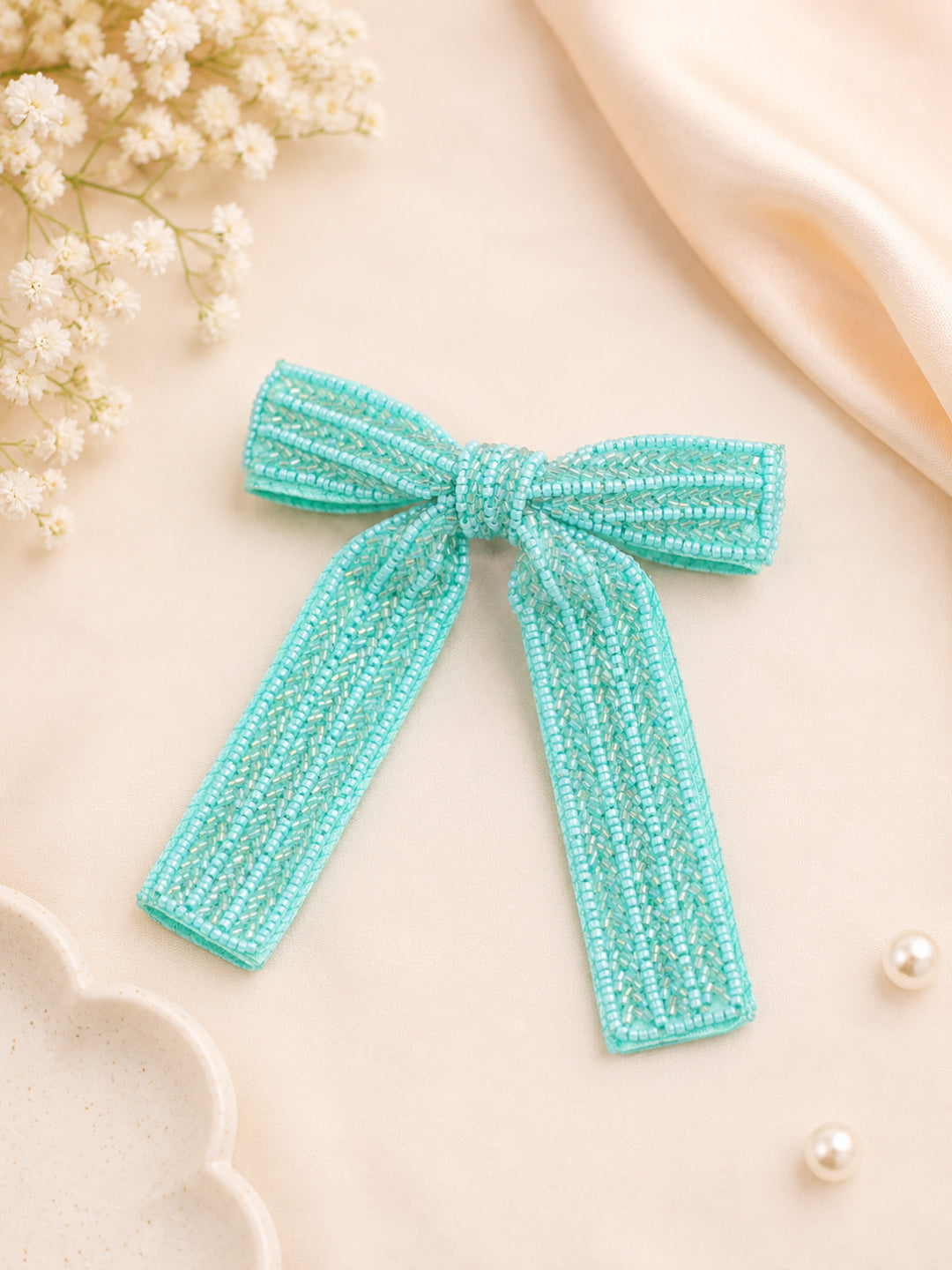 Choko Beaded Long Bow Hair Clip for Women - 1 Pc Aqua Blue Barrette for Elegant Statement Styling