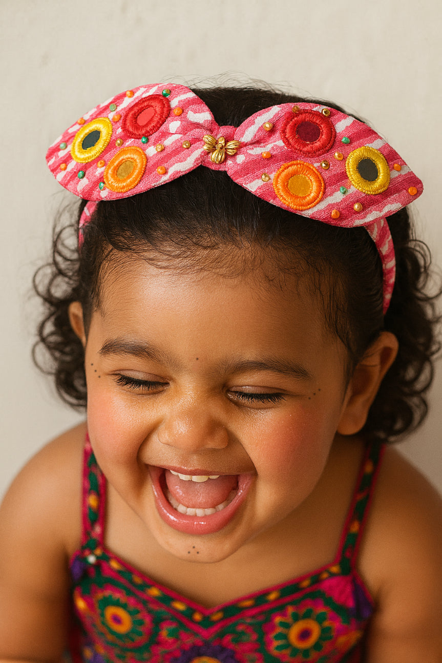 Choko Pink Bow Hair Band for Girls with Multicolor Circular Embellishments, Party & Dress‑Up