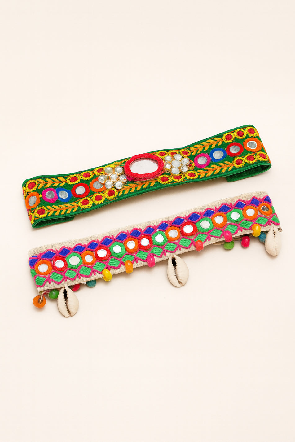 Choko Embroidered Hair Band Set for Girls - 2 Pc Traditional with Mirror Work, Beads and Shells - Green, Multicolor, White