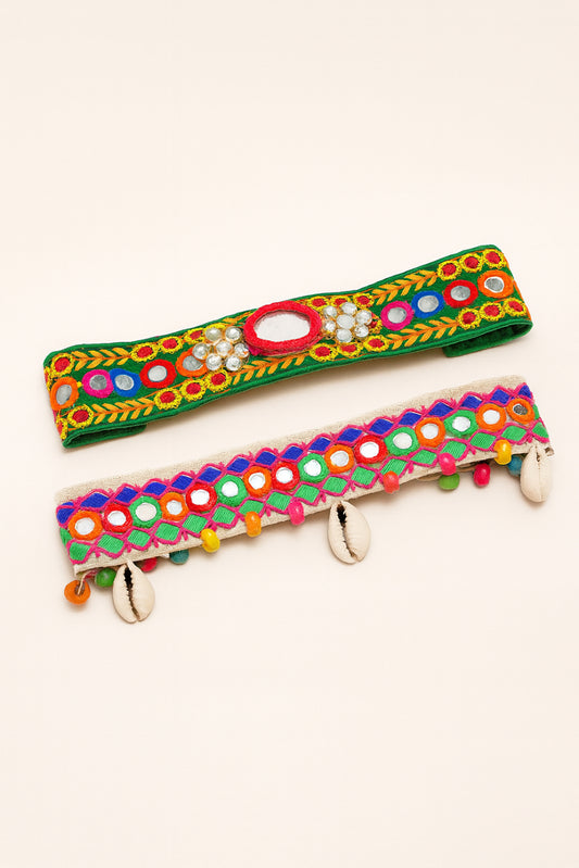 Choko Embroidered Hair Band Set for Girls - 2 Pc Traditional with Mirror Work, Beads and Shells - Green, Multicolor, White