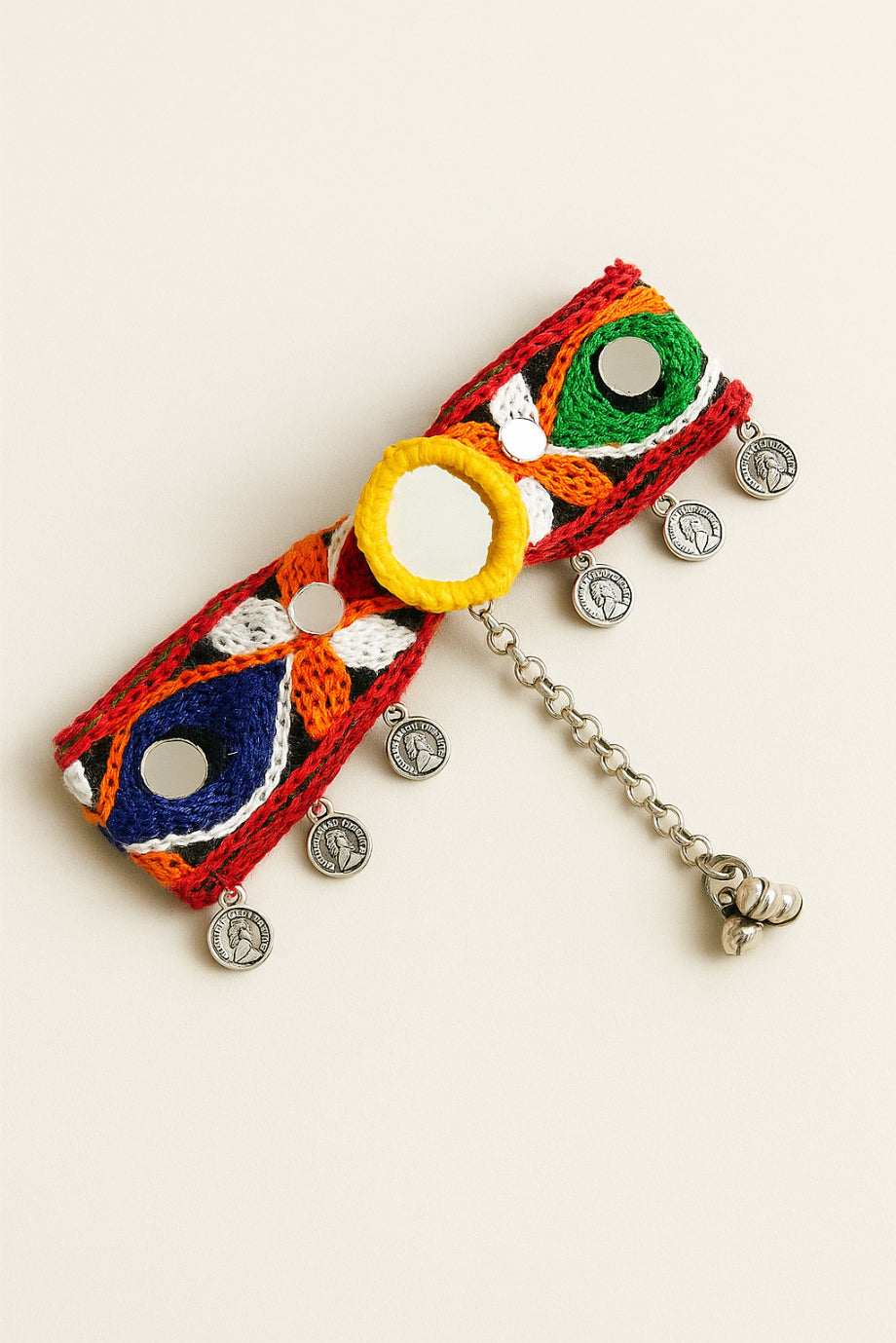 Choko Embroidered Red Base Hair Clip with Colorful Thread, Mirrors & Silver Coins for Festive Look for Girls
