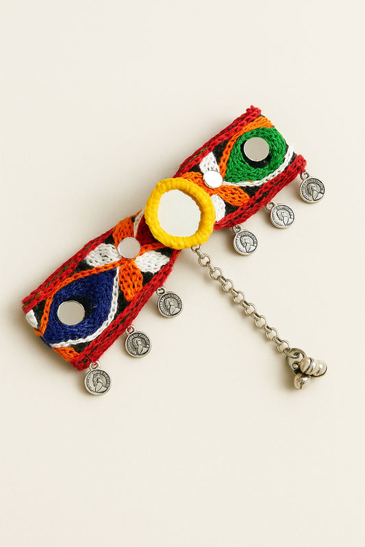 Choko Embroidered Red Base Hair Clip with Colorful Thread, Mirrors & Silver Coins for Festive Look for Girls