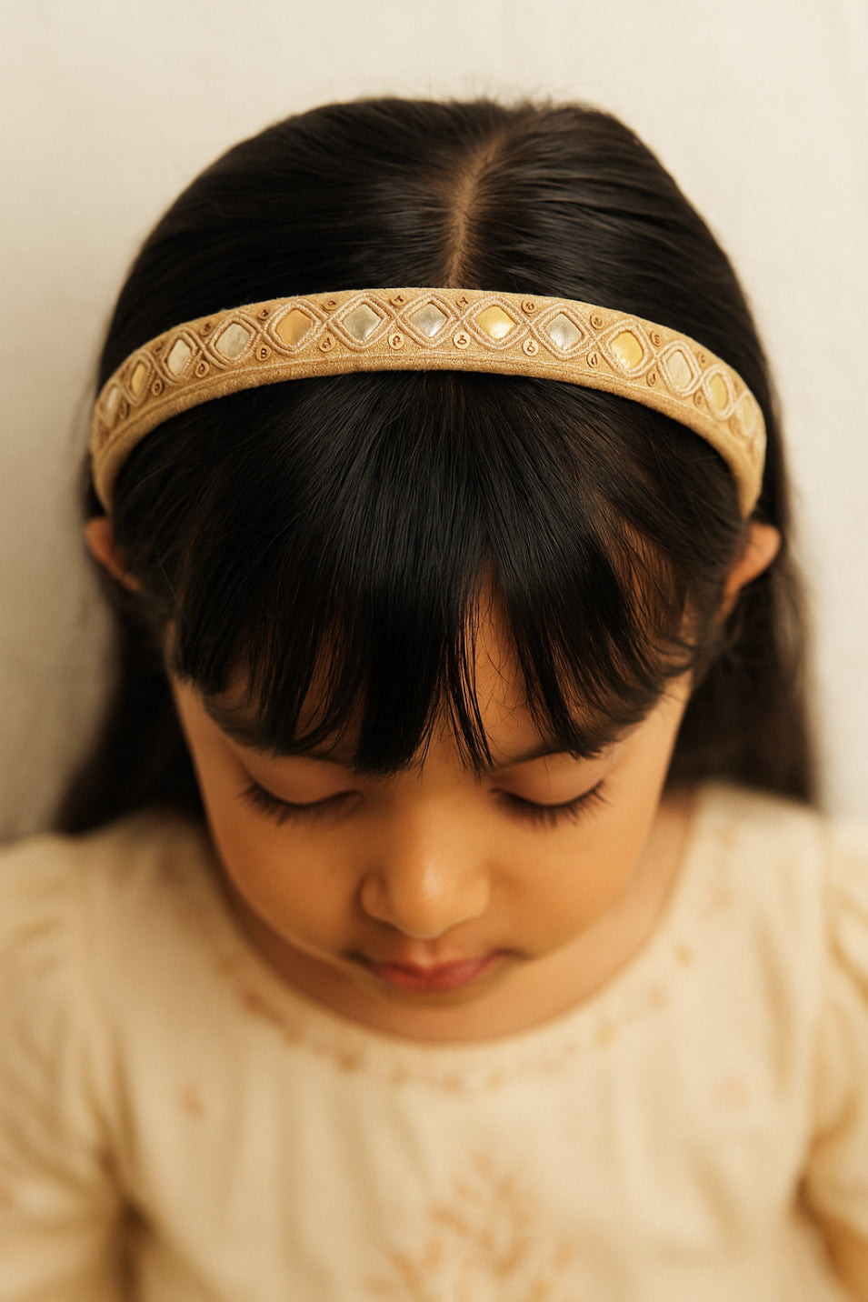 Choko Embroidered Work Hair Band for Girls with Soft Base for Festive Wear - Gold, Cream, White