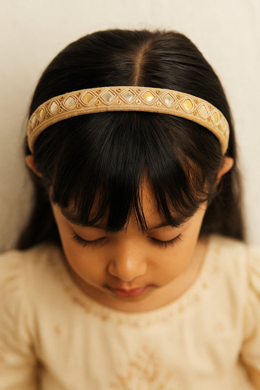 Choko Embroidered Work Hair Band for Girls with Soft Base for Festive Wear - Gold, Cream, White