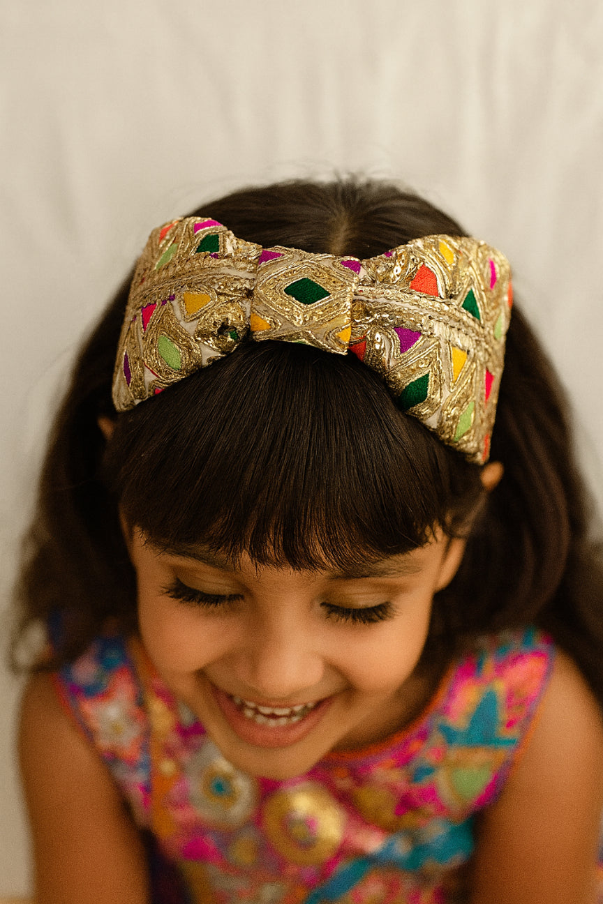 Choko Gold Multicolor Embroidered Hair Band for Girls with Soft Padded Base