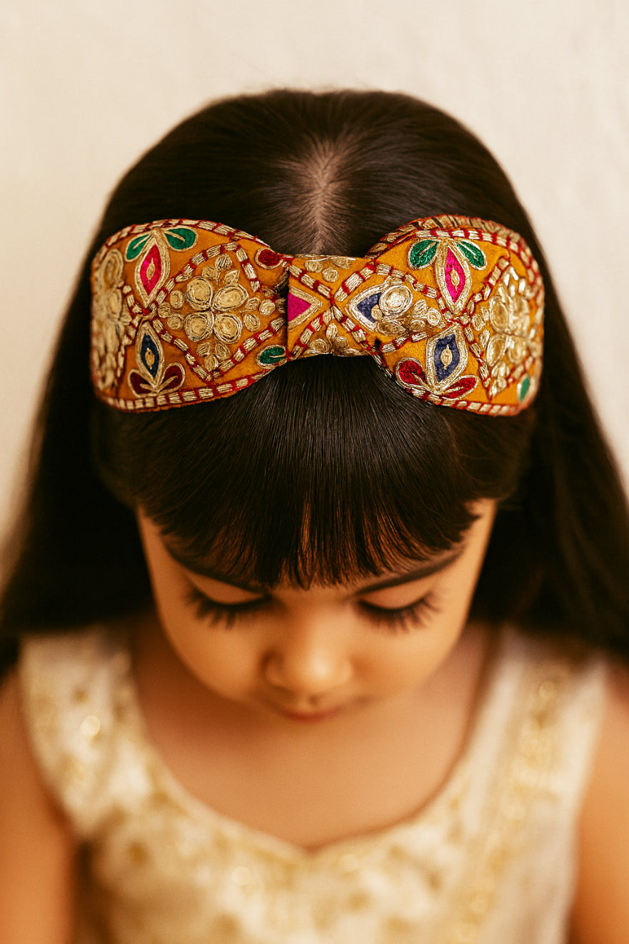 Choko Ethnic Thread Embroidered Fabric Hair Band for Girls Traditional Festive Wear Style - Yellow, Multicolor, Gold