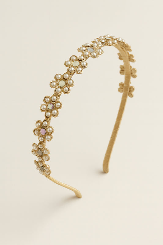 Choko Pearl Floral Embellished Hair Band for Girls Elegant Wedding and Party Wear - Gold, White